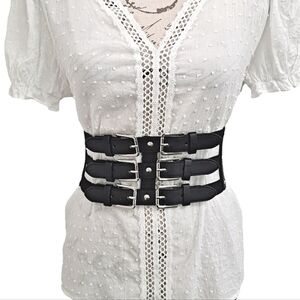 Black Triple Wide faux leather elastic whimsigoth silver buckle dress belt